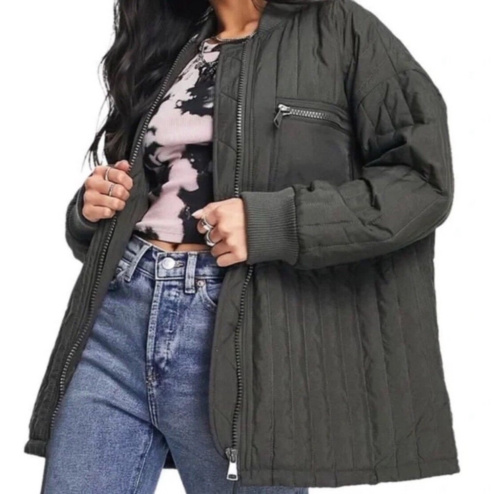 Topshop Quilted Oversized Jacket Olive Green Zip Front Lightweight Coat XS